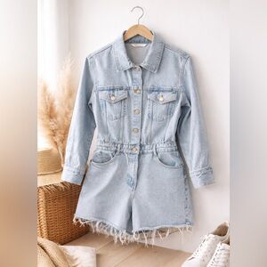 ZARA Denim Romper Womens Light Wash Utility Belted Frayed Shorts Y2K Style Large